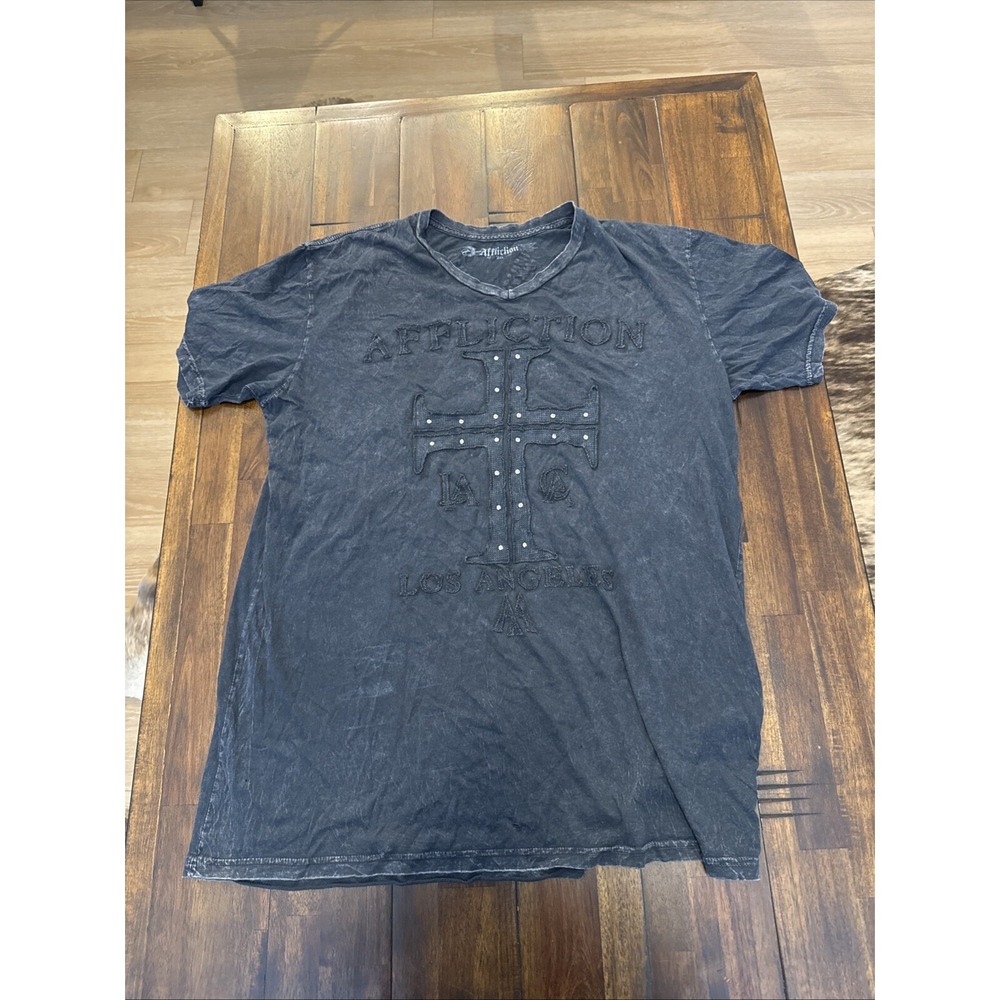 Affliction Shirt Men's Size 2XL Short Sleeve All Black Tee Wings and Cross Faded